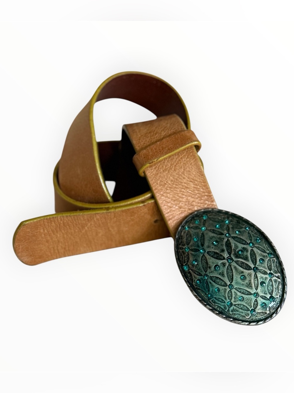 Vintage Y2K Gap brown leather belt turquoise oval belt buckle size small
